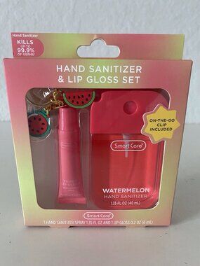 2 Pc Smart Care Scented Hand Sanitizer Spray & Lip Gloss Set Watermelon W/Charms